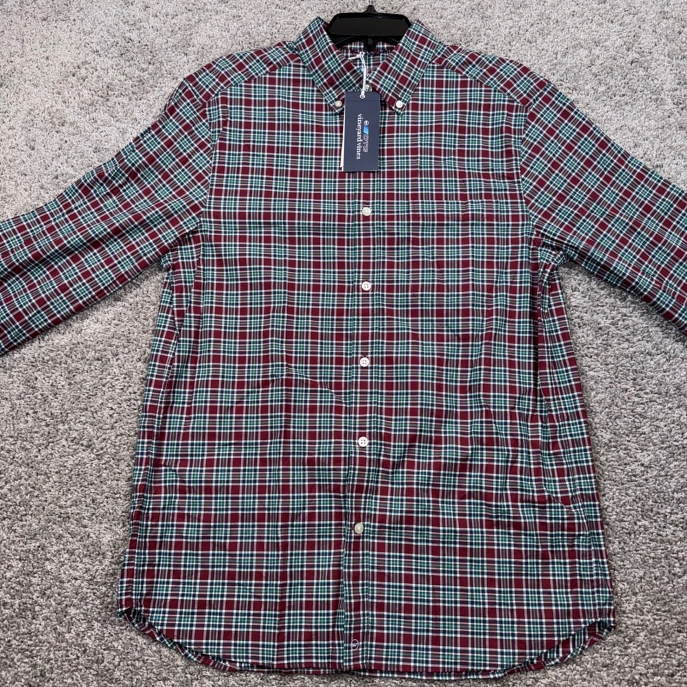 Vineyard Vines OTG Performance Shirt Mens Medium Plaid brrr Cooling Burgundy NEW - Picture 5 of 8